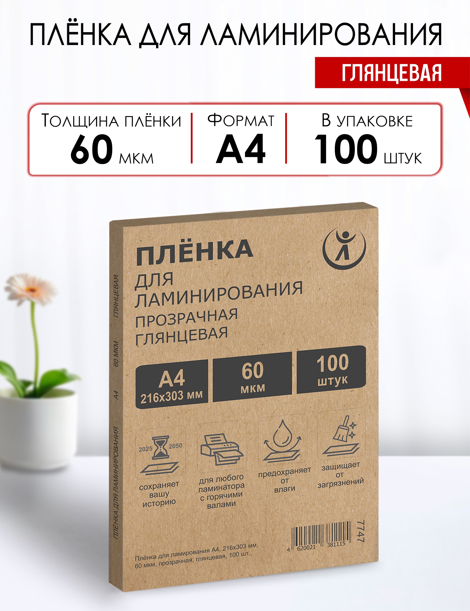 Пакетная пленка для ламинирования, глянцевая, 216х303мм (А4),  60мкм, WF Пакетная пленка для ламинирования, глянцевая, 216х303мм (А4),  60мкм, WF