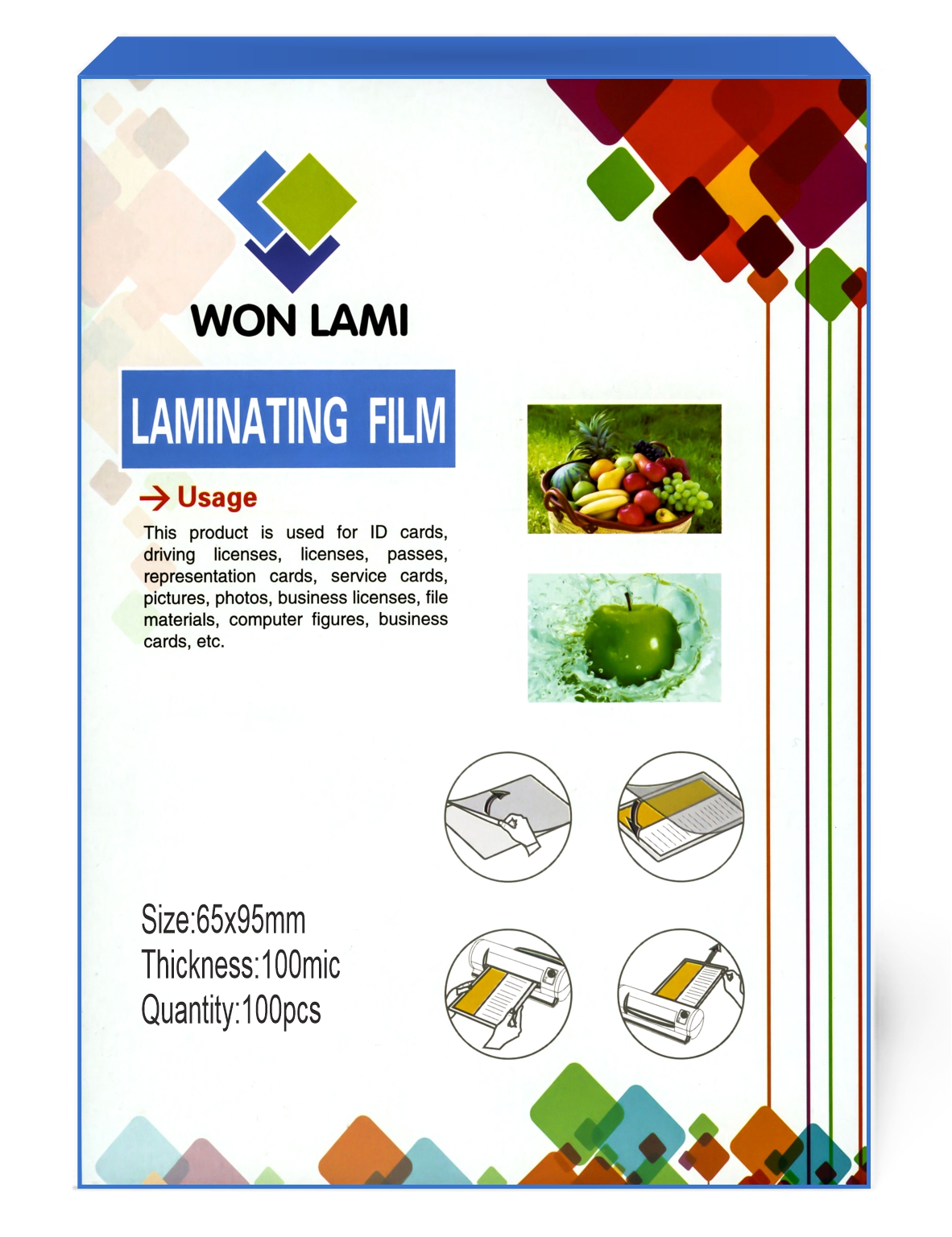 Пакетная пленка для ламинирования, глянцевая, 65х95мм, 100мкм, WF